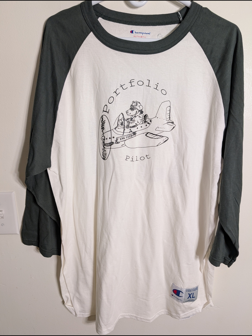Champion Men’s White & Dark Green Raglan Baseball Tee w/ Graphic